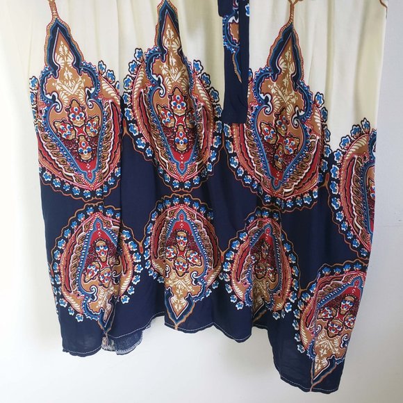 Women's Ivory Blue Indian Paisley Sleeveless Tie Neck Knee Length Sheath Dress - Picture 4 of 10